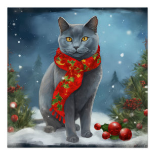 Poster Chat bleu russe à Noël sous la neige