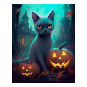 Poster Chat bleu russe d'Halloween avec la peur Citrouill