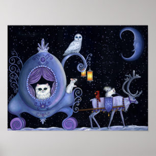 Poster Chat Blue Carriage Hivernal Chouette Neige Blanc C
