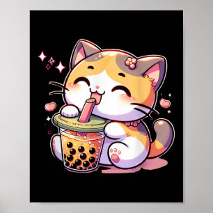 Poster Chat Boba Tea Bubble Tea Anime Kawaii Neko Kids Te