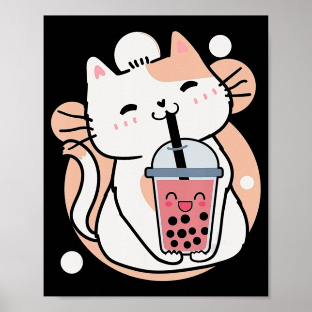 Poster Chat Boba Tea Buble Tea Anime Kawaii Neko Milktea (Devant)