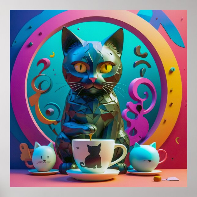 Poster Chat, café et couleur (Devant)