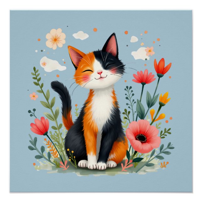 Poster Chat Calico souriant dans le jardin fleuri (Devant)