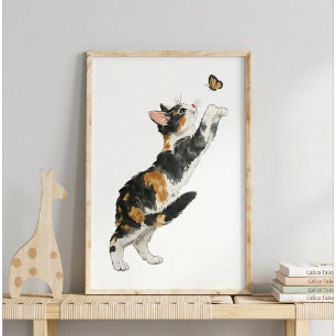 Poster Chat calicot fantaisiste et papillon - Art aquarel