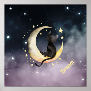 Poster Chat caricature mignon sur la lune