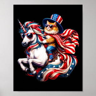 Poster Chat chevauchant une licorne drapeau américain pat