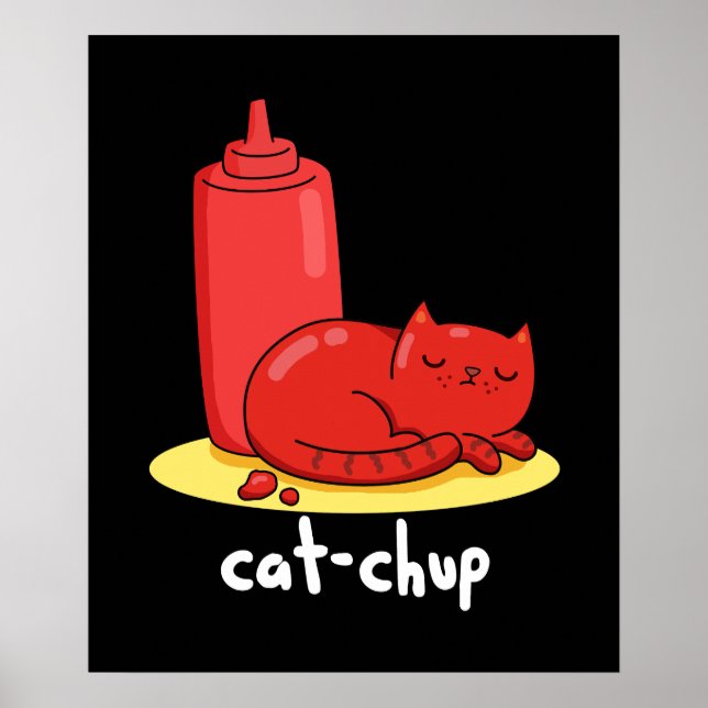 Poster Chat-chup Funny Red Ketchup Chat Pun Dark BG (Devant)