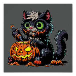Poster Chat Citrouille de Halloween