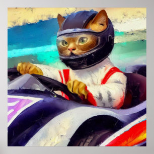 Poster Chat conduisant une voiture de course