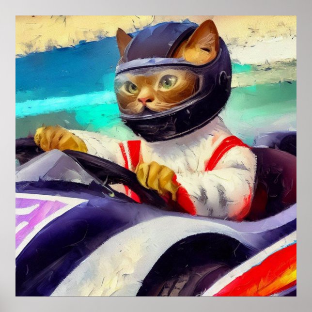Poster Chat conduisant une voiture de course (Devant)
