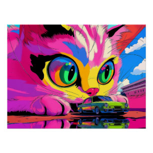 Poster Chat cosmique et minuscule voiture