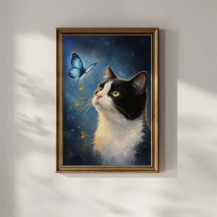 Poster Chat curieux et papillon bleu