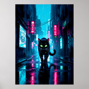 Poster Chat Cyberpunk Noir Dans Une Ville Pluvieuse Néon