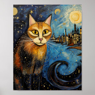 Poster Chat dans la ville de nuit étoilée