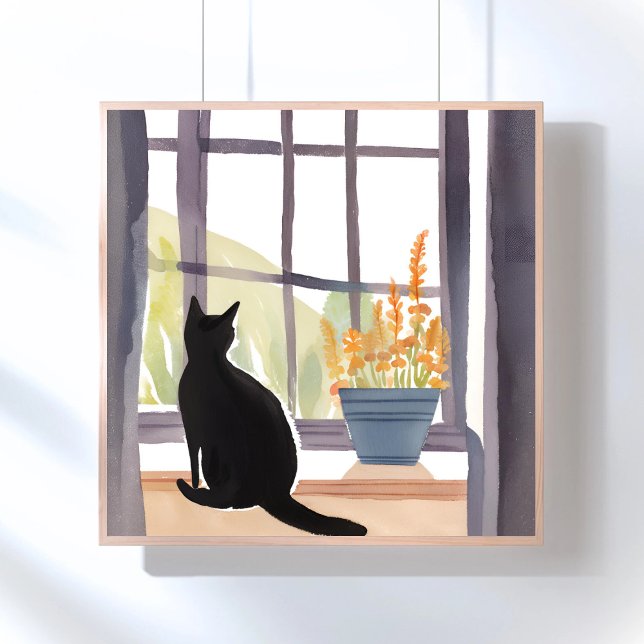 Poster Chat dans le rebord Windows | Aquarelle Silhouette (Créateur téléchargé)