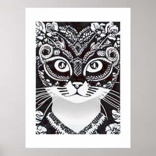 Poster Chat dans un Masque Mardi Gras noir et blanc