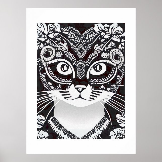 Poster Chat dans un Masque Mardi Gras noir et blanc (Devant)