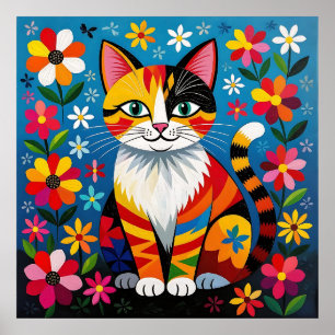 Poster Chat d'art folklorique boho, fleurs et papillon  