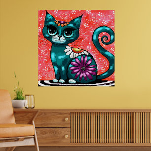 Poster Chat de chaton Whimsical assis sur le tapis Floral