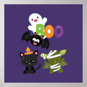 Poster Chat de Cute Halloween, bat, mummy et ghost