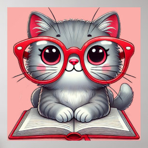 Poster Chat de dessin animé mignon portant des lunettes