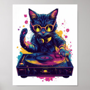 Poster Chat de DJ funky � Fête Kitty Disco Rétro