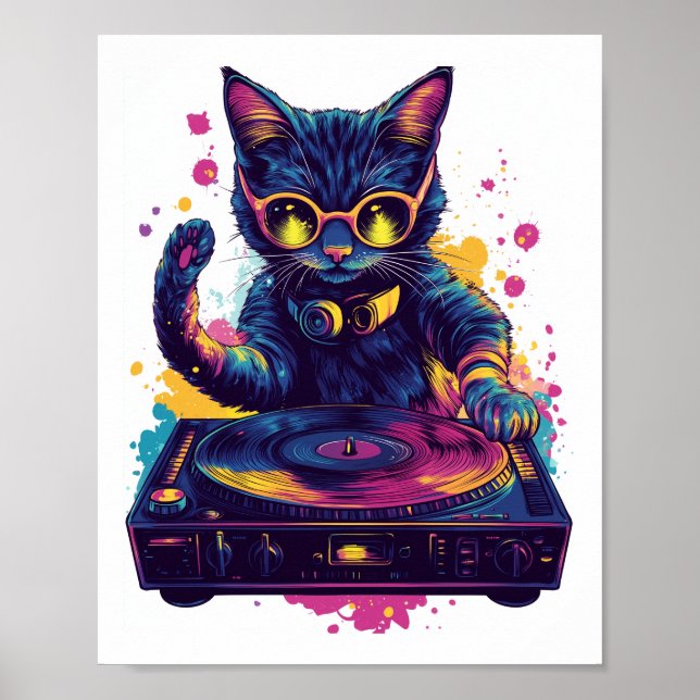 Poster Chat de DJ funky � Fête Kitty Disco Rétro (Devant)