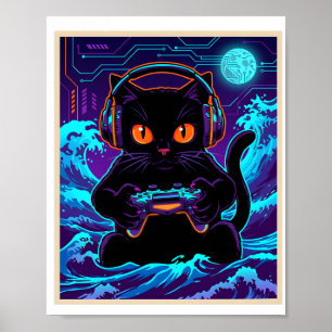 Poster Chat de gamer drôle Neon Cyber Nuit de jeu Rétro A