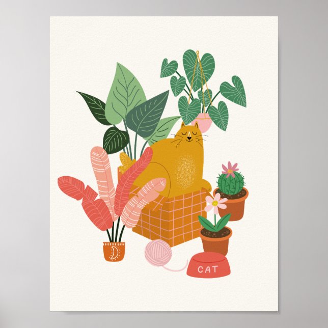 Poster Chat de gingembre avec Plantes (Devant)
