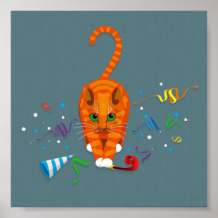 Poster Chat de gingembre jouant avec des objets de fête a