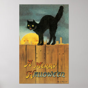 Poster Chat de Halloween joyeux vintage par Ellen Clapsad