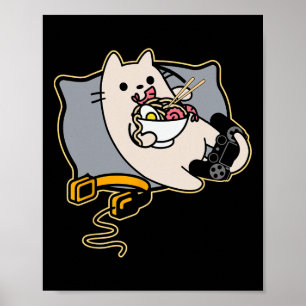 Poster Chat de joueur nerd mangeant du Ramen jeu en pause