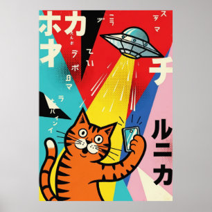 Poster Chat de l'art pop coloré avec illustration d'OVNI
