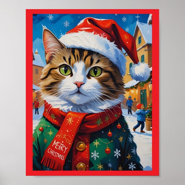 Poster Chat de Noël à Santa Hat (Devant)