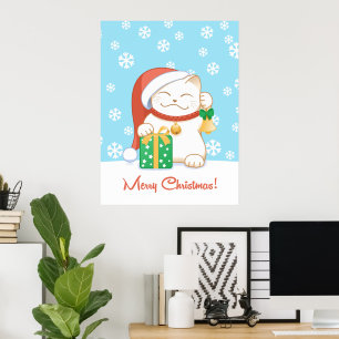 Poster Chat de Noël blanc dans un Casquette rouge