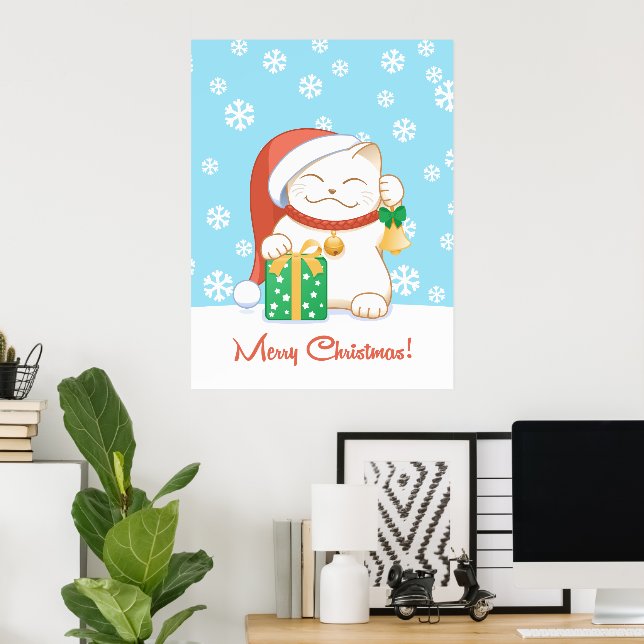 Poster Chat de Noël blanc dans un Casquette rouge (Bureau à domicile)