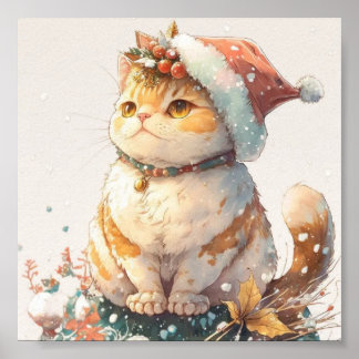Poster Chat de Noël casquette rouge