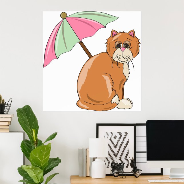 Poster Chat de plage avec parapluie rose et vert (Créateur téléchargé)