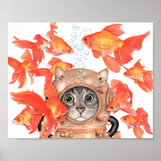 Poster Chat de plongée parmi les poissons