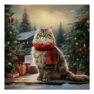 Poster Chat de Sibérie en Noël de Neige