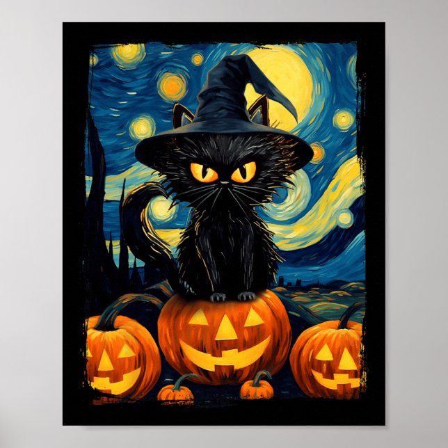 Poster Chat de sorcière Starry Nuit Van Gogh Retro Hallow (Devant)