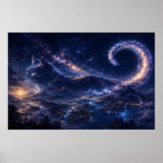 Poster Chat d'esprit céleste sous la lune de la galaxie