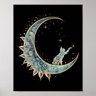 Poster Chat D'Esthétique Mystique Assis Sur Crescent Moon