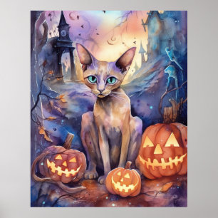 Poster Chat d'Halloween Abyssinian avec la peur Citrouill