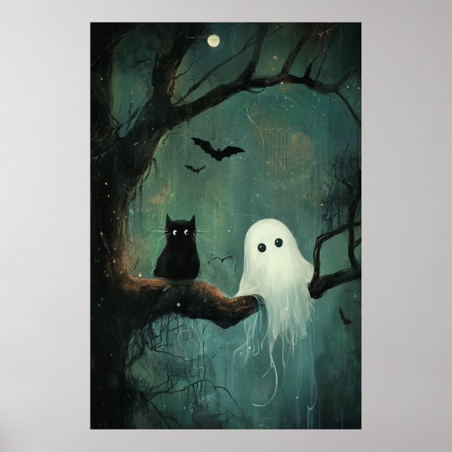 Poster Chat d'Halloween et fantôme (Devant)