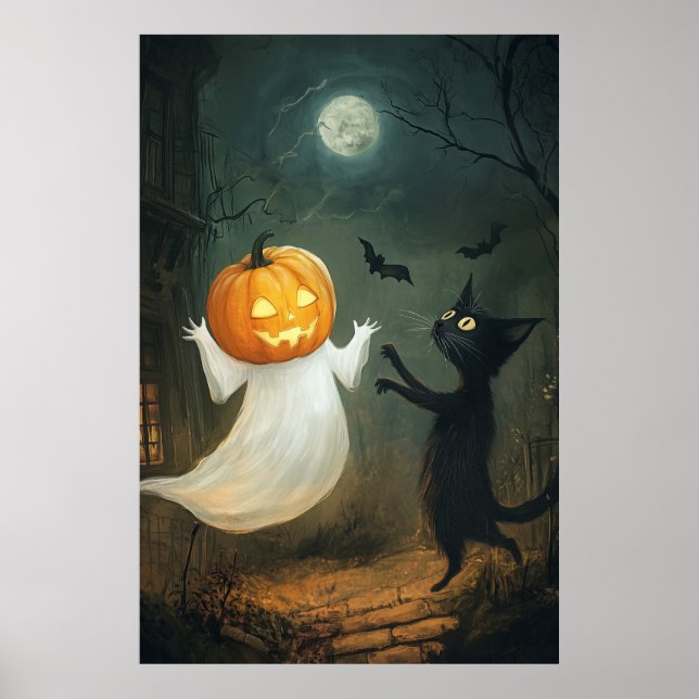 Poster Chat d'Halloween et fantôme (Devant)