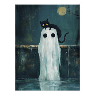 Poster Chat d'Halloween et fantôme dans la piscine