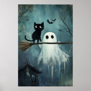 Poster Chat d'Halloween et fantôme volent dans la chambre