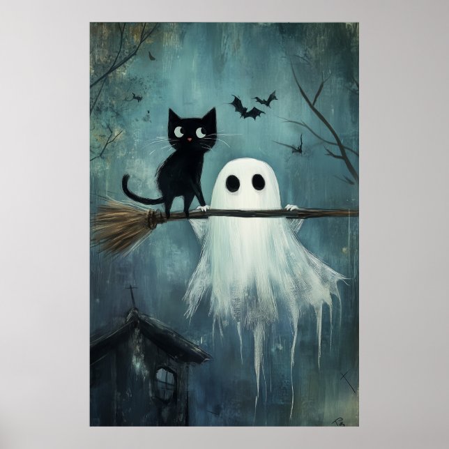 Poster Chat d'Halloween et fantôme volent dans la chambre (Devant)