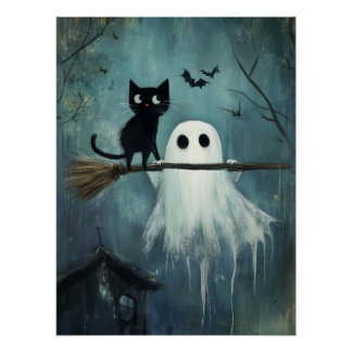 Poster Chat d'Halloween et fantôme volent dans la chambre